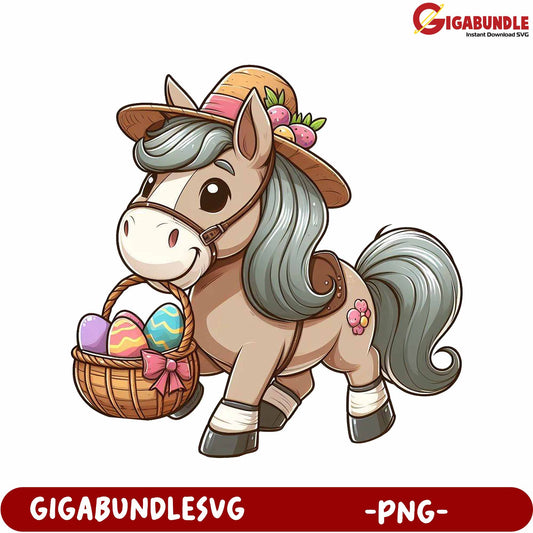 Cute Easter Pony with Basket of Colorful Eggs - PNG Design