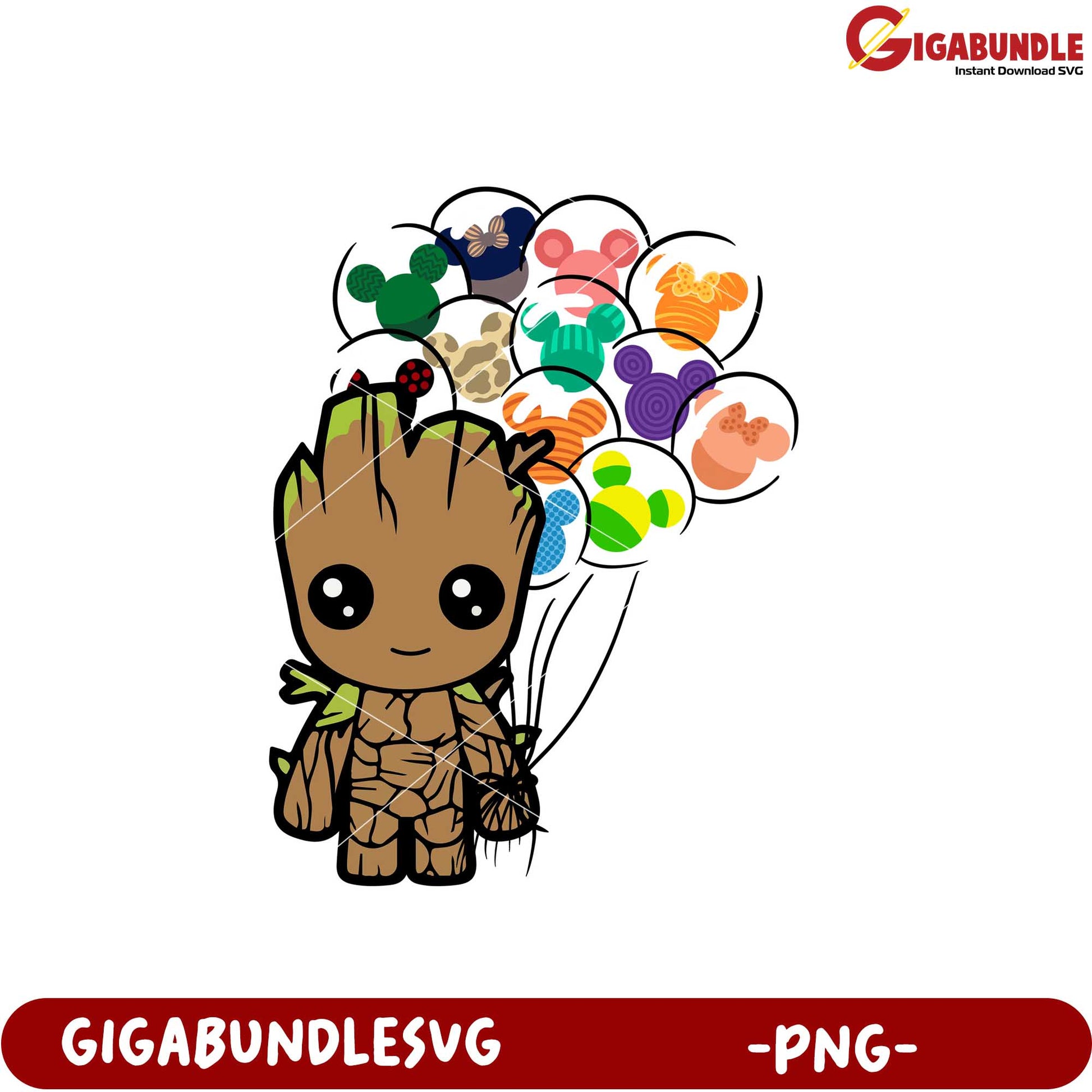 Cute Groot Character with Colorful Balloons PNG Art