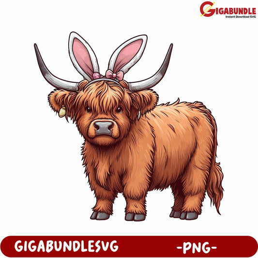 Cute Highland Cow with Bunny Ears PNG Graphic Downloadable Art