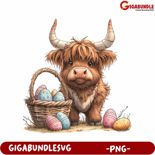 Cute Highland Cow with Easter Eggs Basket PNG Downloadable Art