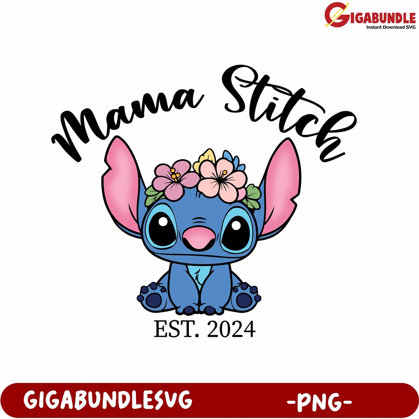 Cute Mama Stitch Floral Design PNG for 2024 Celebrations