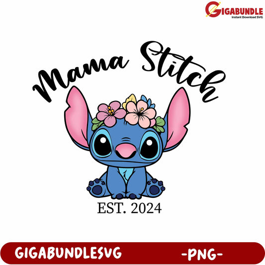 Cute Mama Stitch Floral Design PNG for 2024 Celebrations