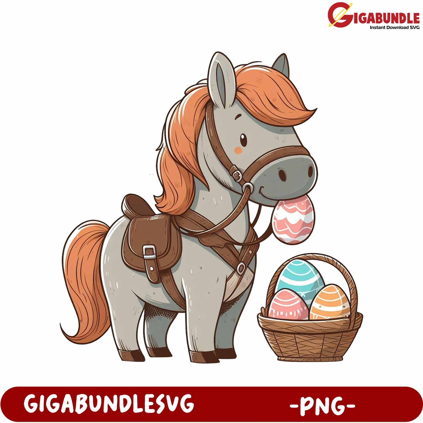 Cute Pony with Easter Eggs in Basket - PNG Download Format