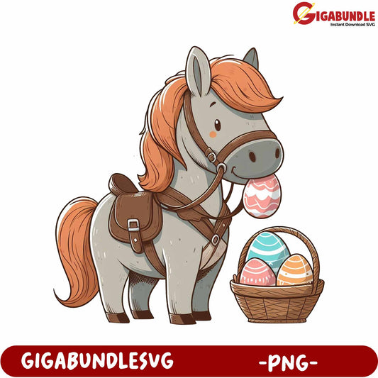 Cute Pony with Easter Eggs in Basket - PNG Download Format