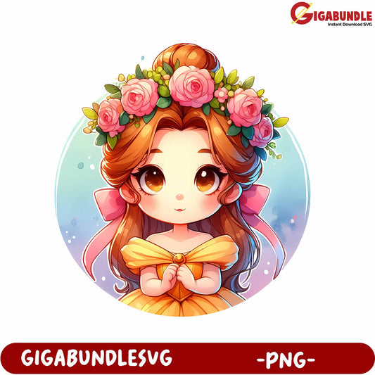 Cute Princess Character with Floral Crown PNG Downloadable Art