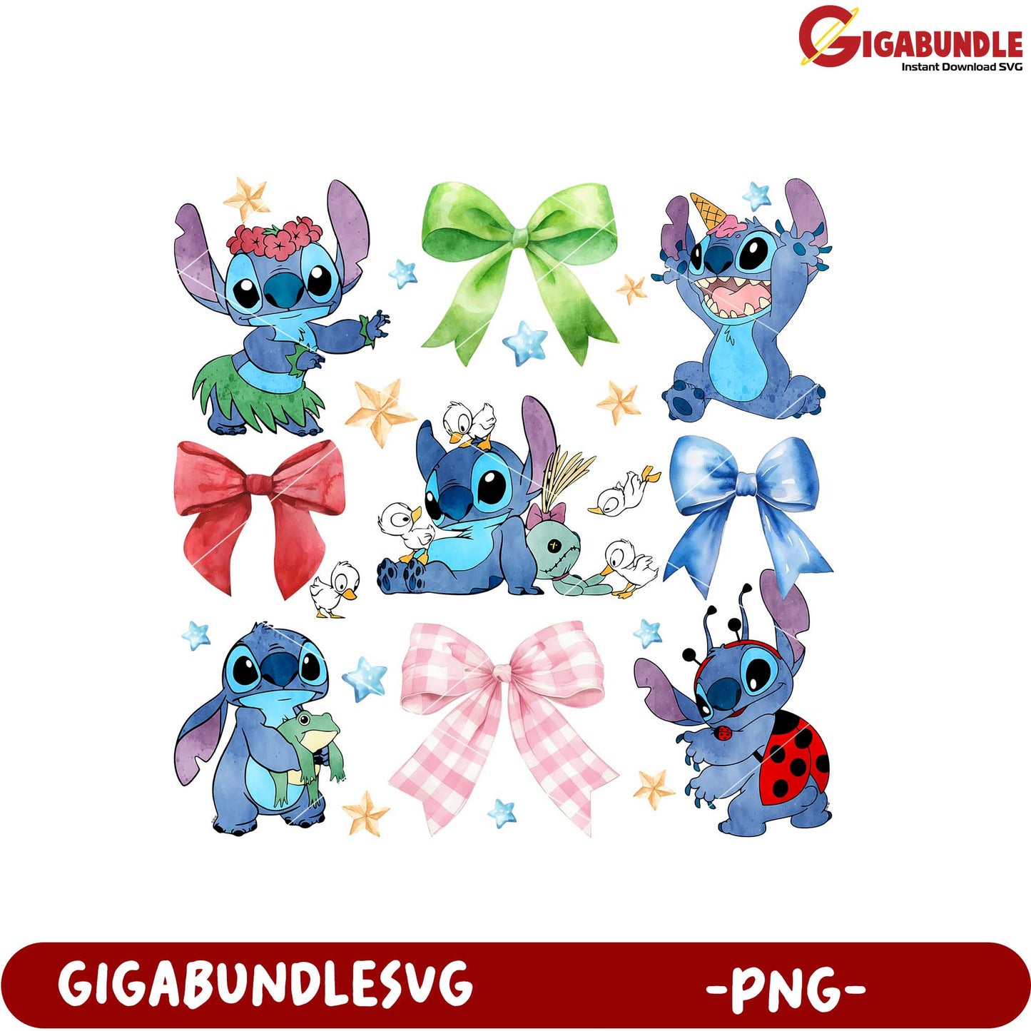 Cute Stitch Character and Bow PNG Clip Art Set