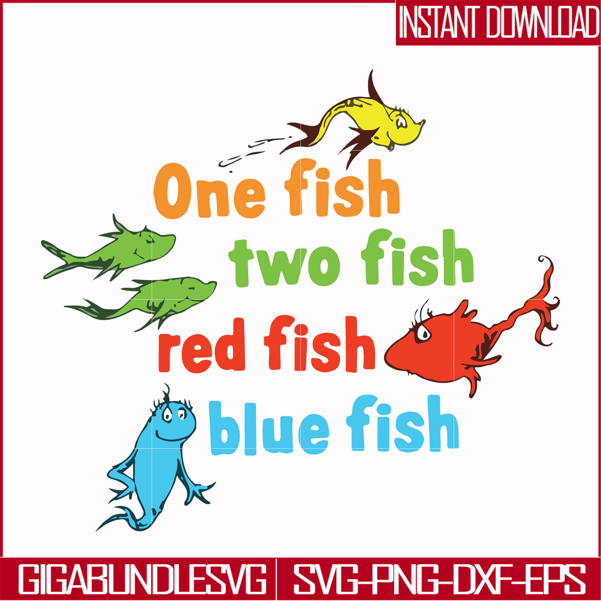 One fish two fish red fish blue fish svg, png, dxf, eps file DR0002 ...