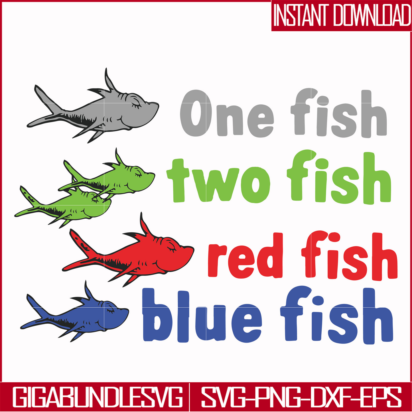 DR00078-One fish two fish red fish blue fish svg, png, dxf, eps file DR00078