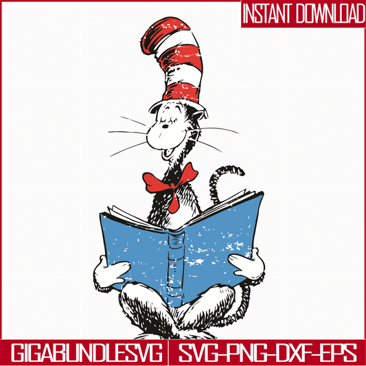 DR05012118-The cat reading book svg, The cat in the hat by dr seuss svg, dr svg, png, dxf, eps file DR05012118
