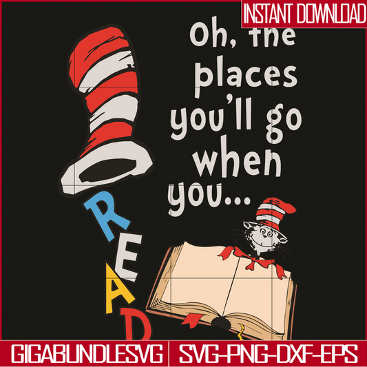 DR05012138-Oh The Places Youll Go When You Read Books svg, Dr Seuss svg, dr svg, png, dxf, eps file DR05012138
