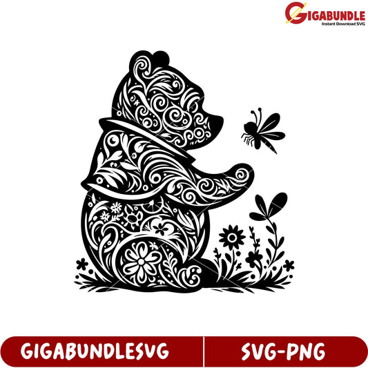 Decorative Bear Design with Floral Elements in SVG Product Format