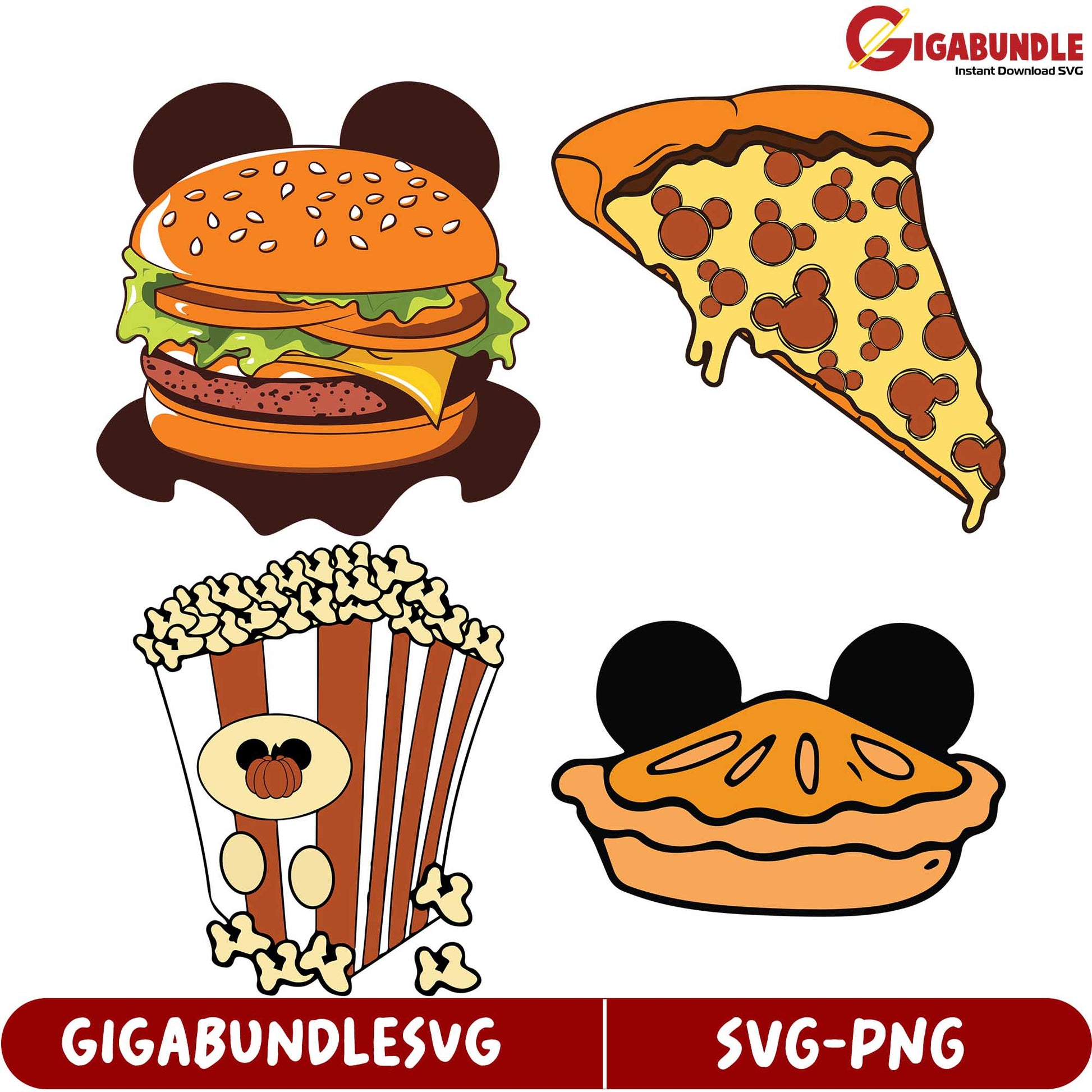 Delicious Food SVG Bundle Burger, Pizza, Popcorn & Pie Designs