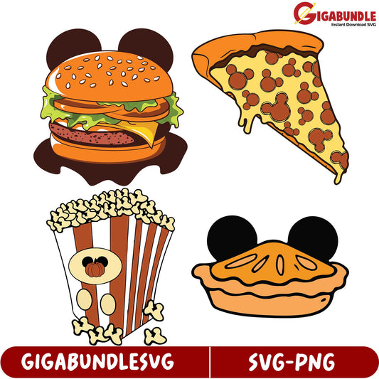 Delicious Food SVG Bundle Burger, Pizza, Popcorn & Pie Designs