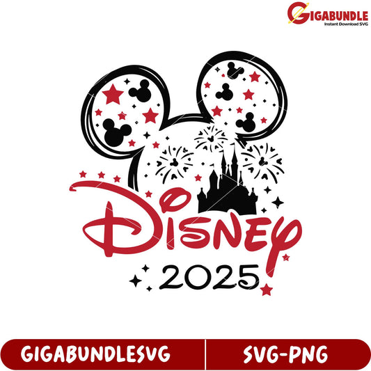 Disney 2025 Celebration SVG Graphic with Mickey Ears and Fireworks Design