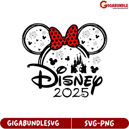 Disney 2025 Minnie Mouse SVG Design with Castle and Fireworks Art