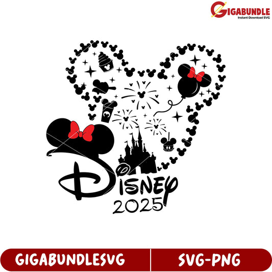 Disney 2025 SVG Design Featuring Mickey Mouse Icons and Celebration Elements