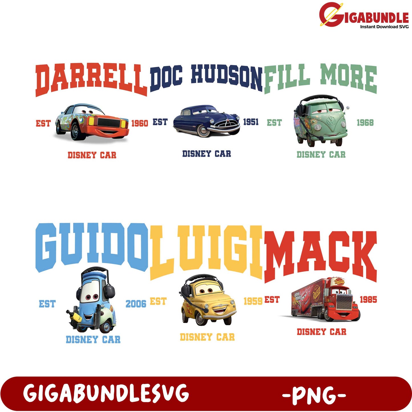 Disney Car Characters Bundle PNG - Darrell, Doc Hudson & More