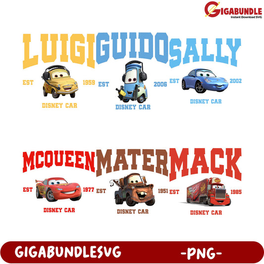 Disney Cars PNG Bundle Luigi, Guido, Sally, McQueen & Mater
