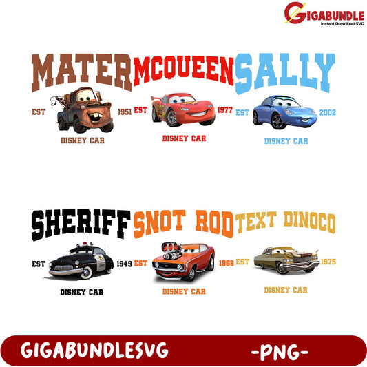 Disney Cars PNG Bundle Mater, McQueen, Sally & More Legends