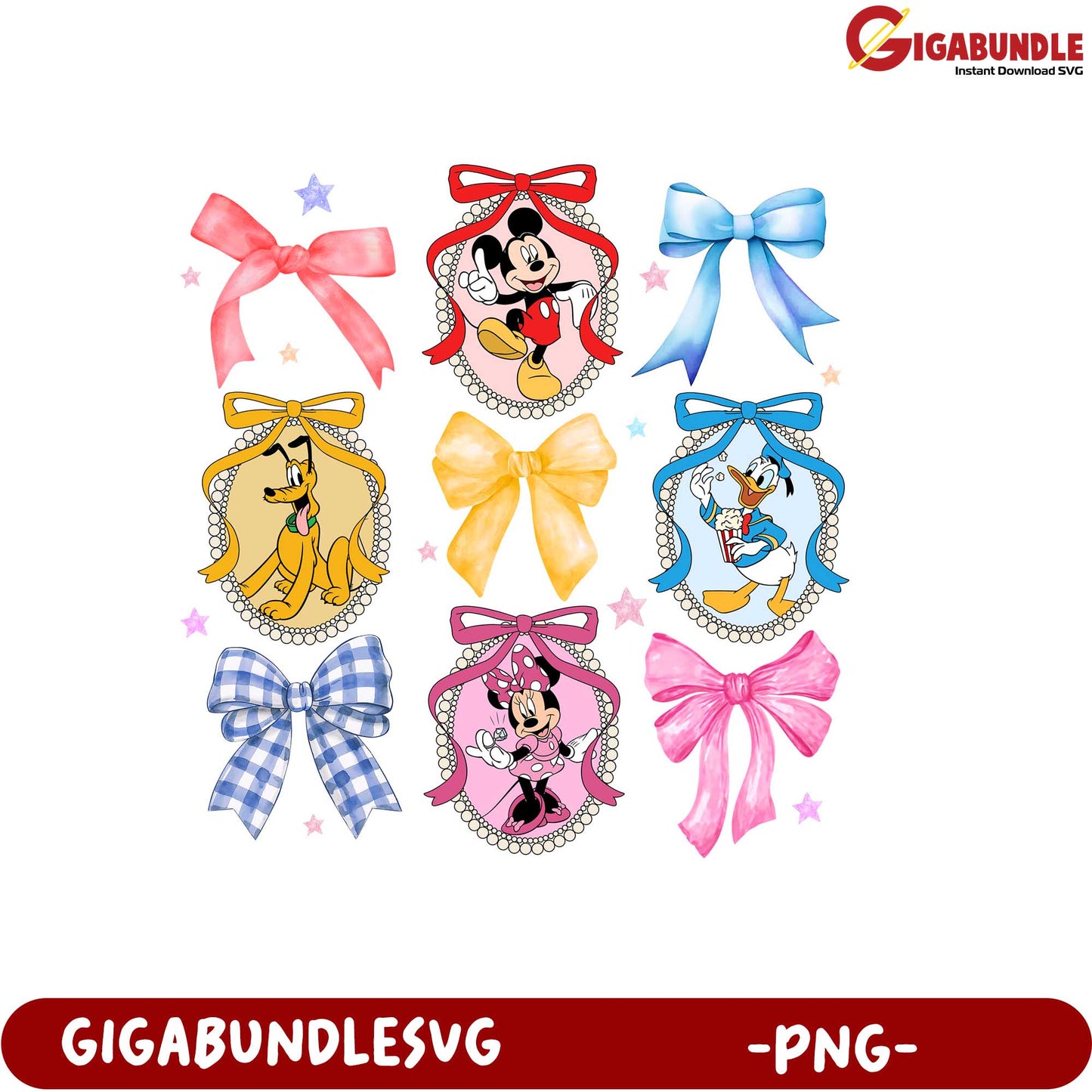 Disney Character Themed Bows with Mickey Minnie Donald Pluto PNG Design