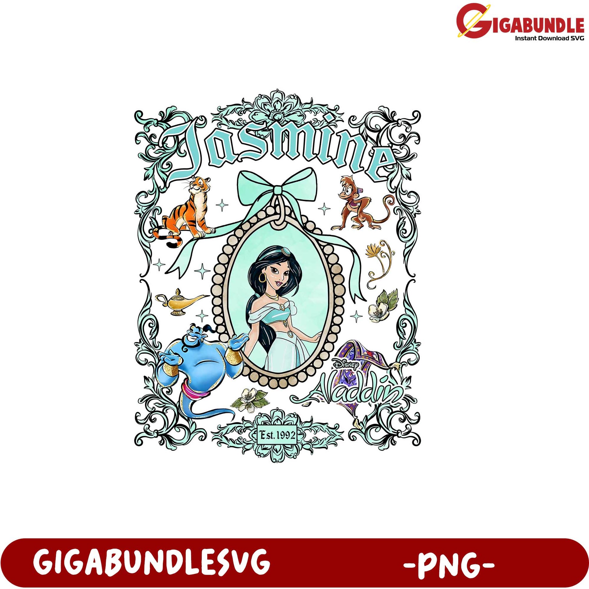 Disney Jasmine PNG Design with Aladdin Characters and Elements