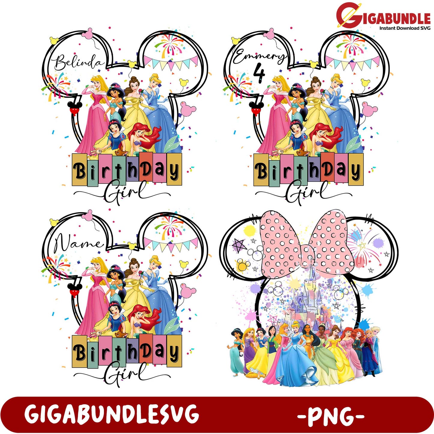 Disney Princess Birthday Girl PNG Bundle - Customizable Designs