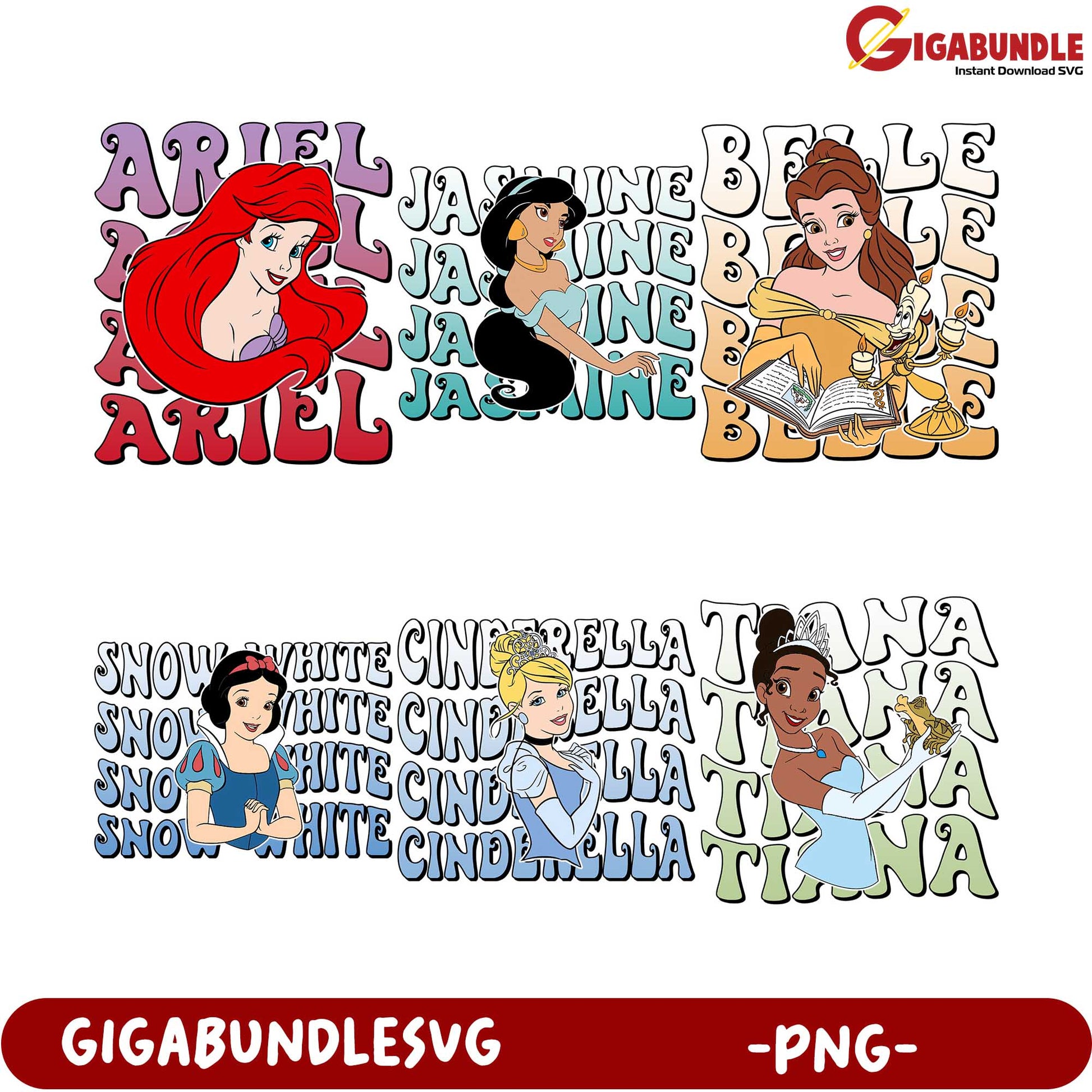 Disney Princess PNG Bundle Ariel, Jasmine, Belle, & More