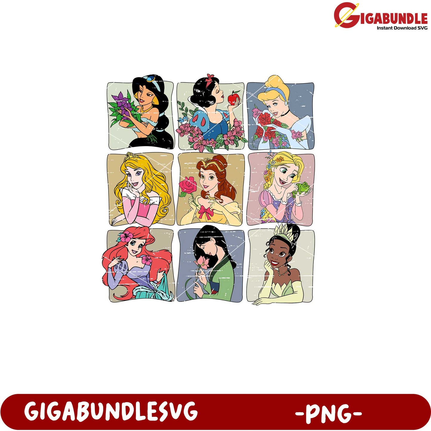 Disney Princesses Floral Art Collage PNG Downloadable File
