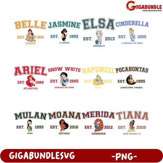 Disney Princesses Lettering Bundle  PNG Format for Downloads