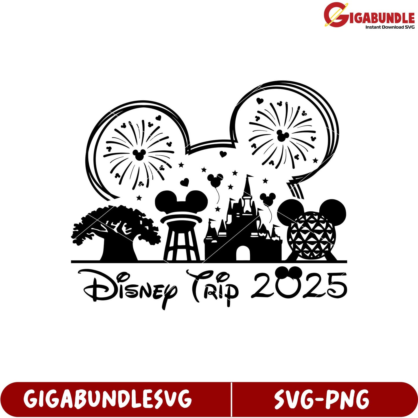 Disney Trip 2025 Design SVG Featuring Iconic Attractions and Fireworks