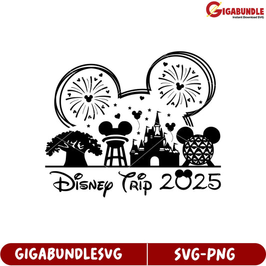 Disney Trip 2025 Design SVG Featuring Iconic Attractions and Fireworks