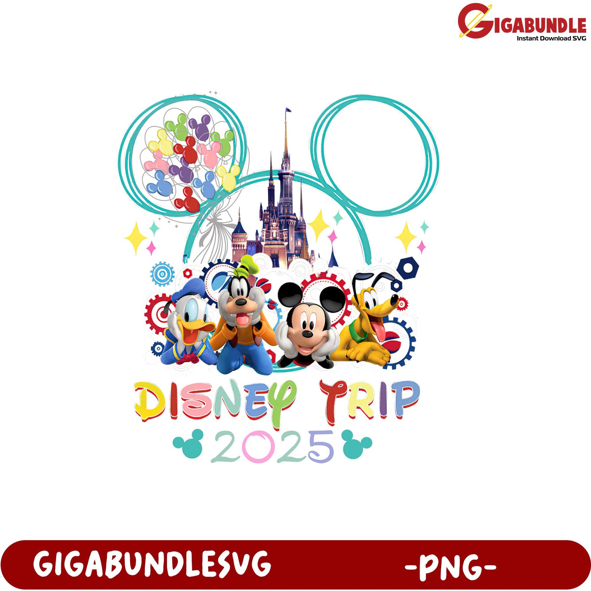 Disney Trip 2025 PNG Design Featuring Iconic Characters and Castle
