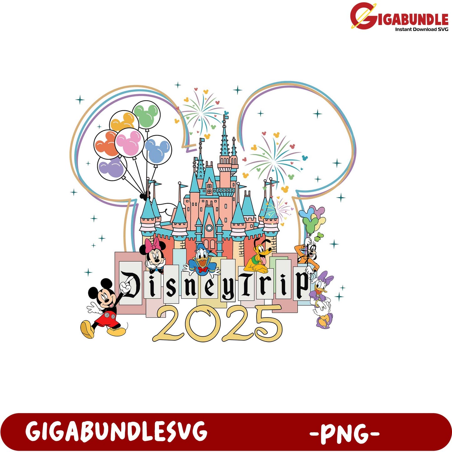 Disney Trip 2025 PNG Product Featuring Castle and Iconic Characters