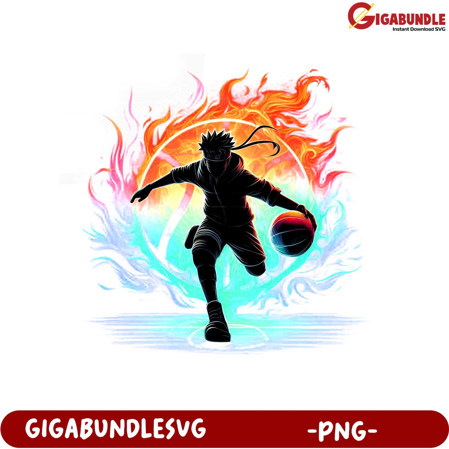 Dynamic Basketball Player Silhouette with Colorful Flames PNG