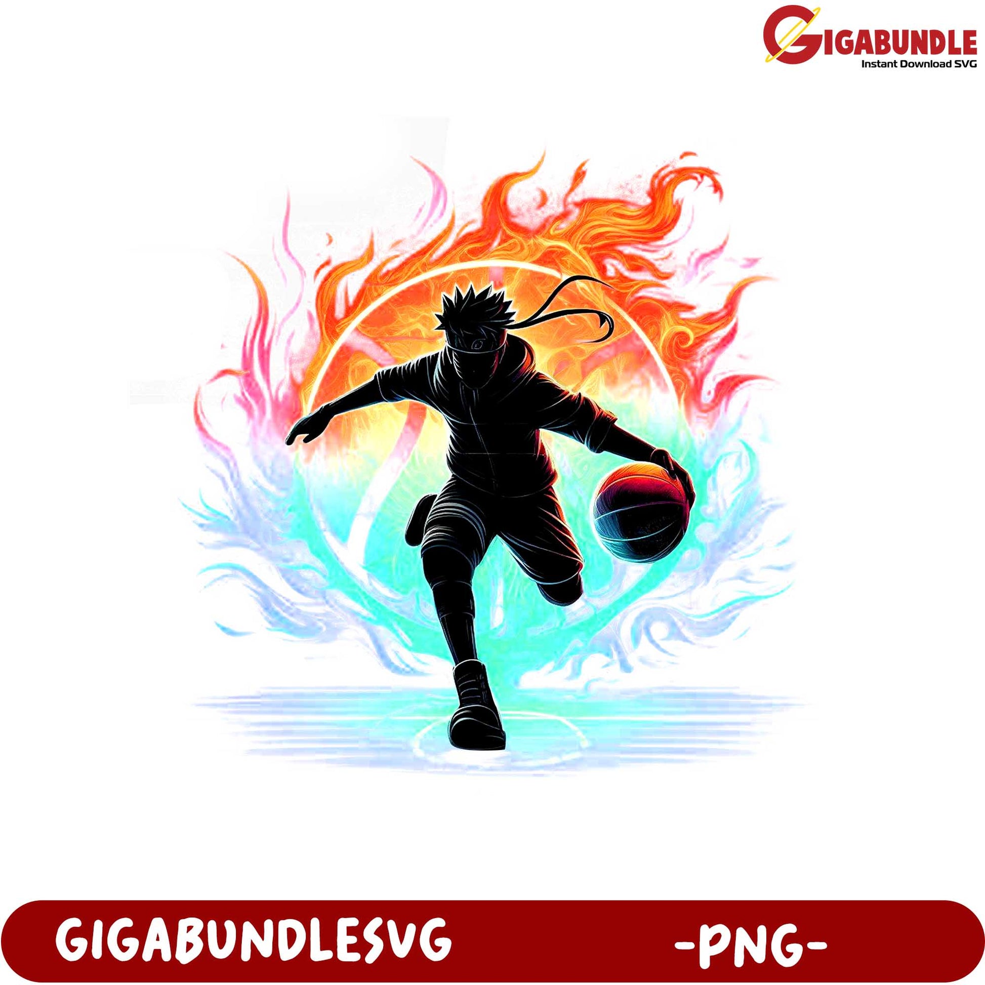 Dynamic Basketball Player Silhouette with Colorful Flames PNG