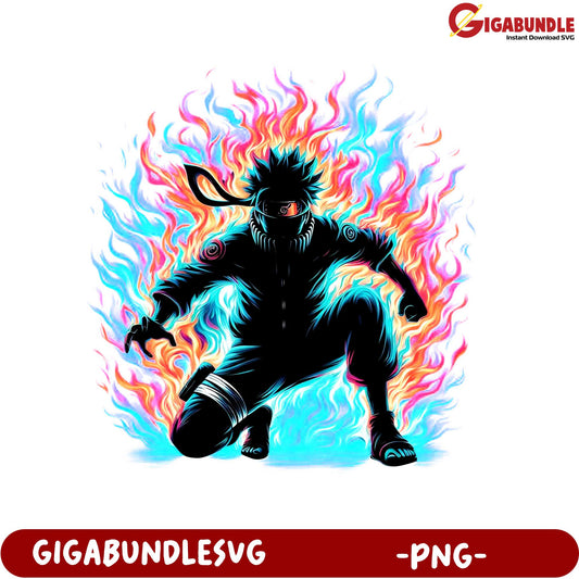 Dynamic Ninja Character with Flames PNG Graphic Download