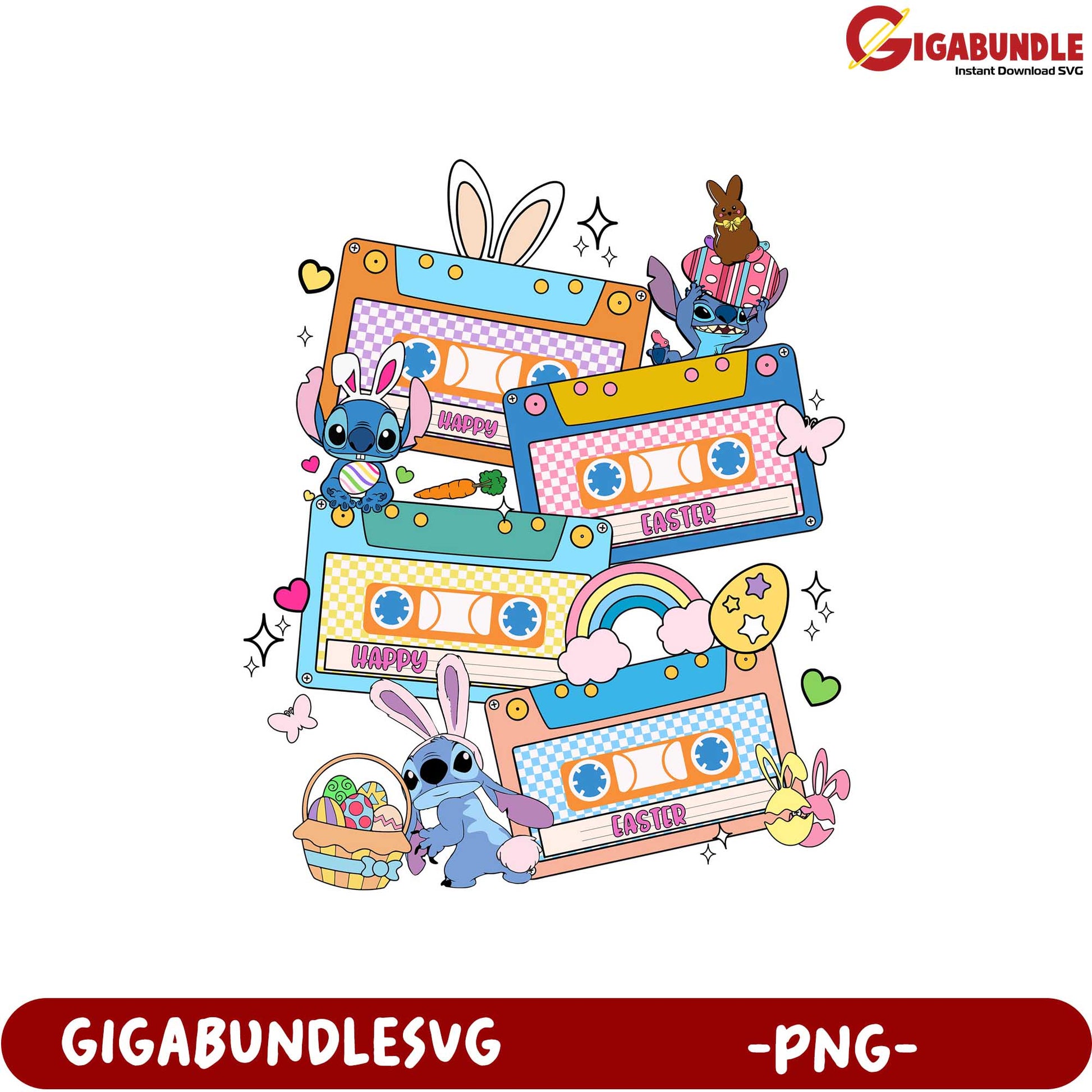Easter-themed Vintage Tape Design with Cute Characters PNG