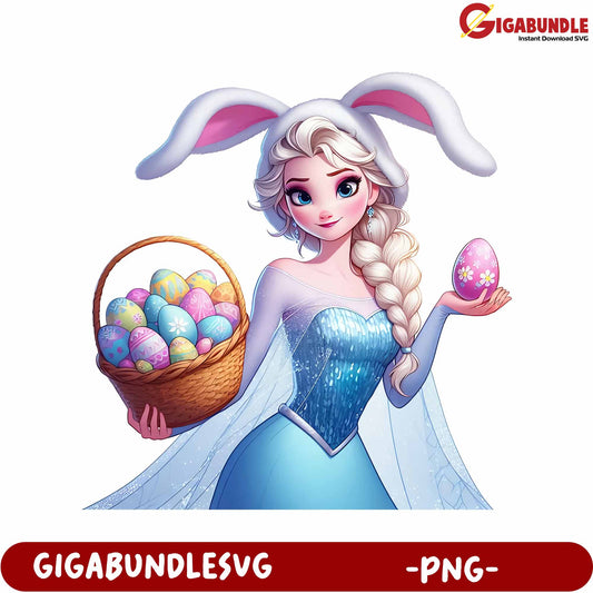 Easter Bunny Elsa Character Holding Colorful Eggs PNG Format