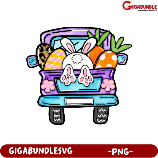 Easter Bunny Truck PNG with Colorful Eggs and Carrots Design
