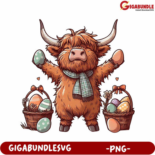 Easter Highland Cow with Colorful Eggs in Cute Baskets - PNG