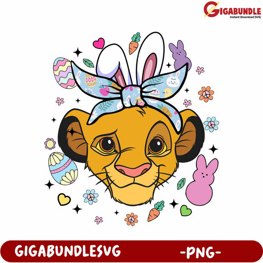 Easter Lion Character with Bunny Ears and Colorful Decorations PNG