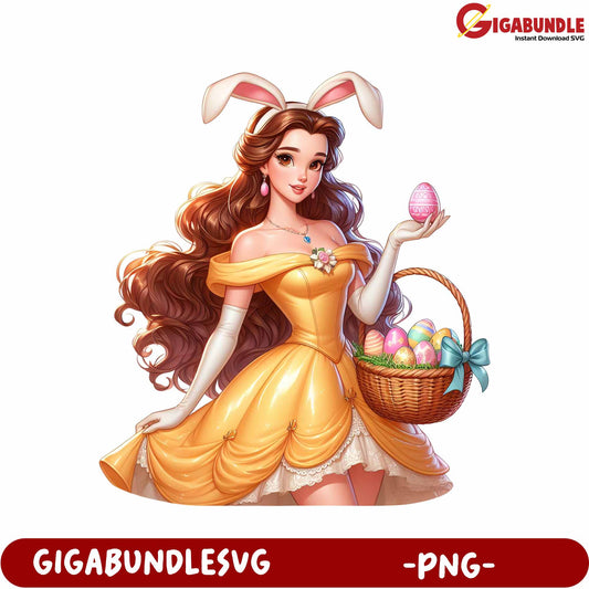 Easter Princess in Yellow Dress with Bunny Ears and Basket PNG