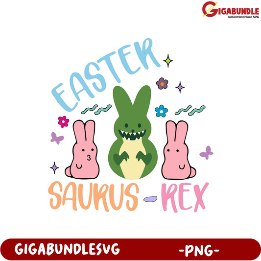 Easter Saurus-Rex PNG Design with Cute Bunnies and Flowers