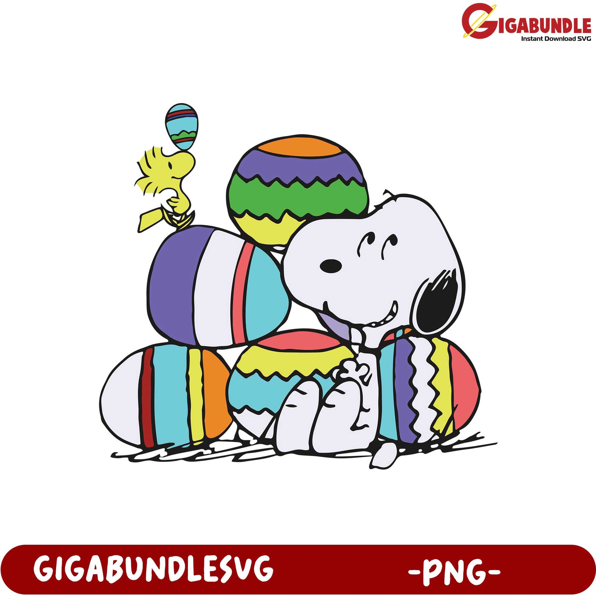 Easter Snoopy and Woodstock with Colorful Eggs PNG Design