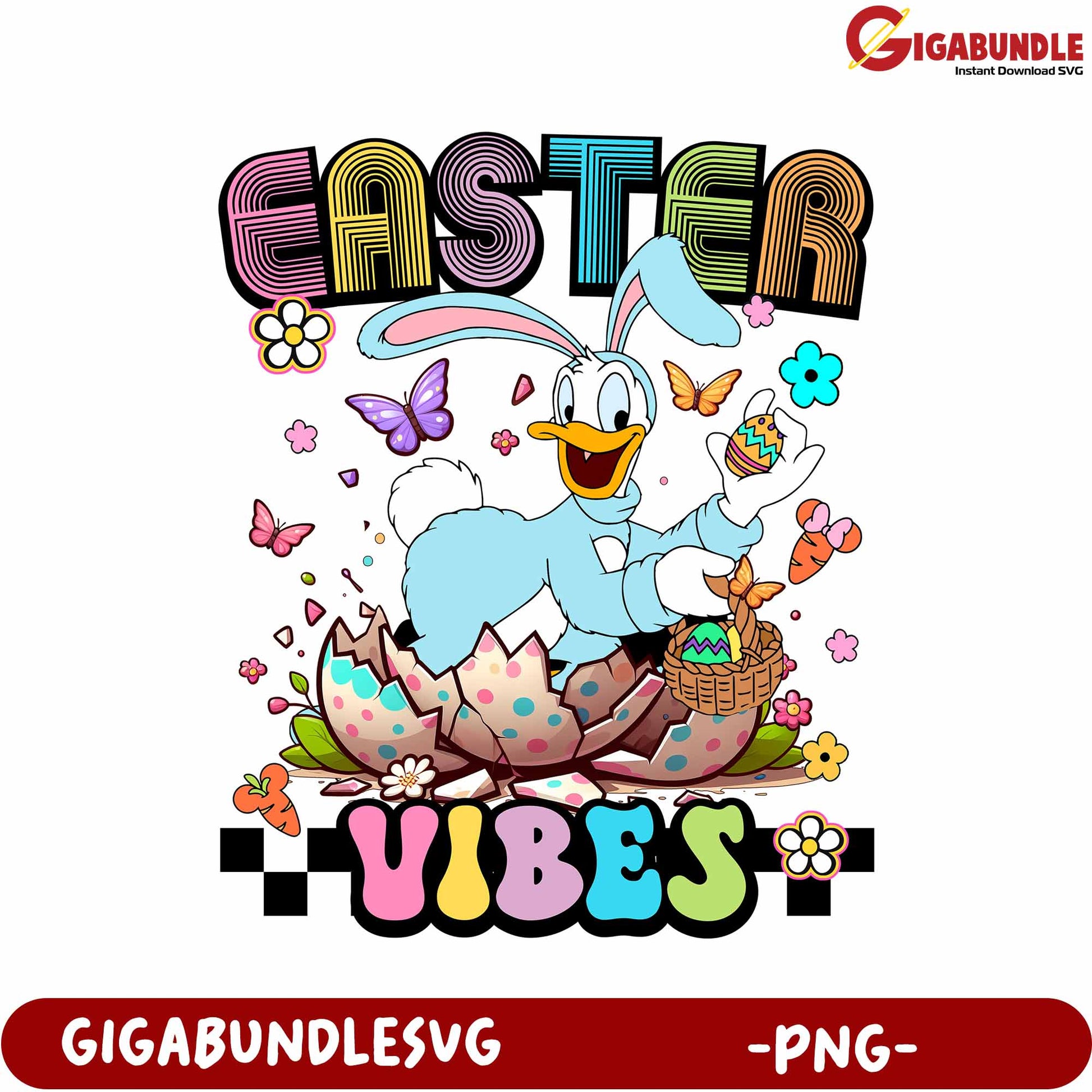 Easter Vibes Colorful Bunny with Eggs and Butterflies PNG Art