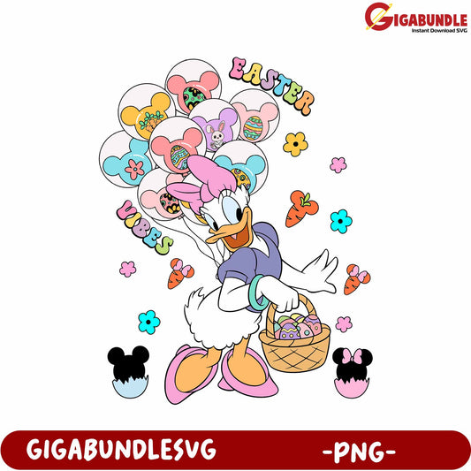 Easter Vibes Daisy Duck PNG with Balloons and Basket Design