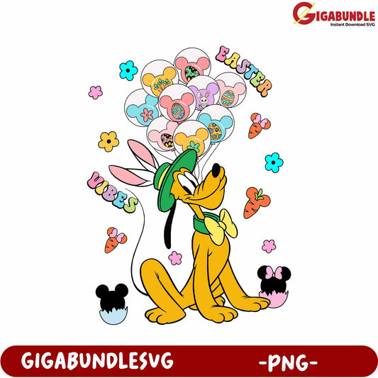 Easter Vibes with Pluto and Balloons Fun PNG Design