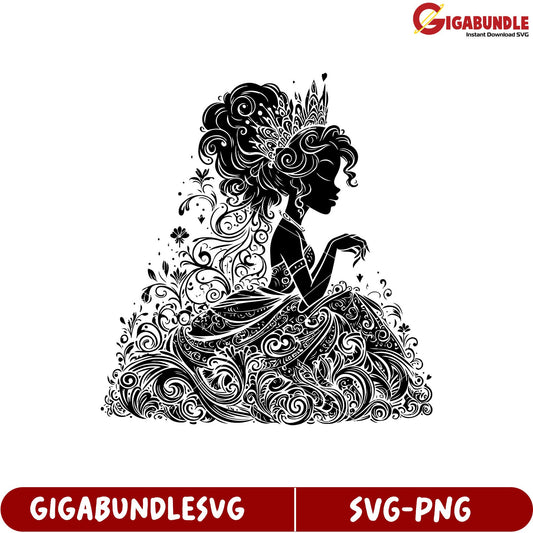 Elegant Beauty Silhouette with Ornate Dress in SVG Format for Crafts