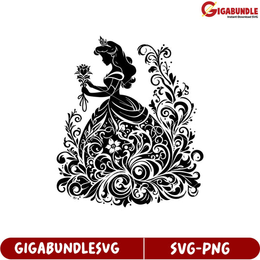 Elegant Black Silhouette of Princess with Floral Design in SVG Format