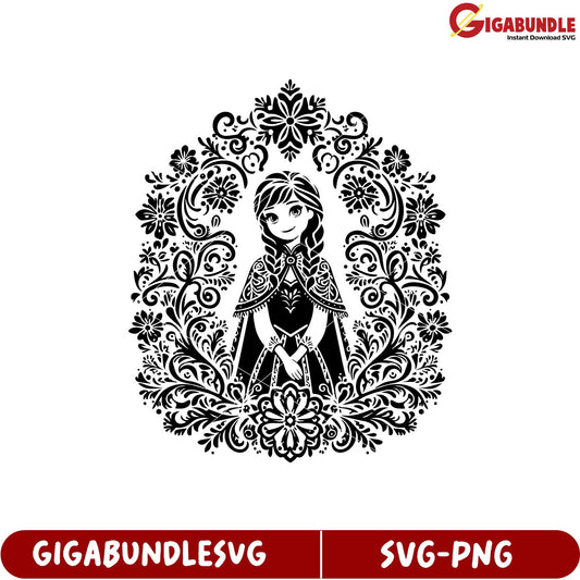 Elegant Black and White SVG Design with Floral Elements and Character